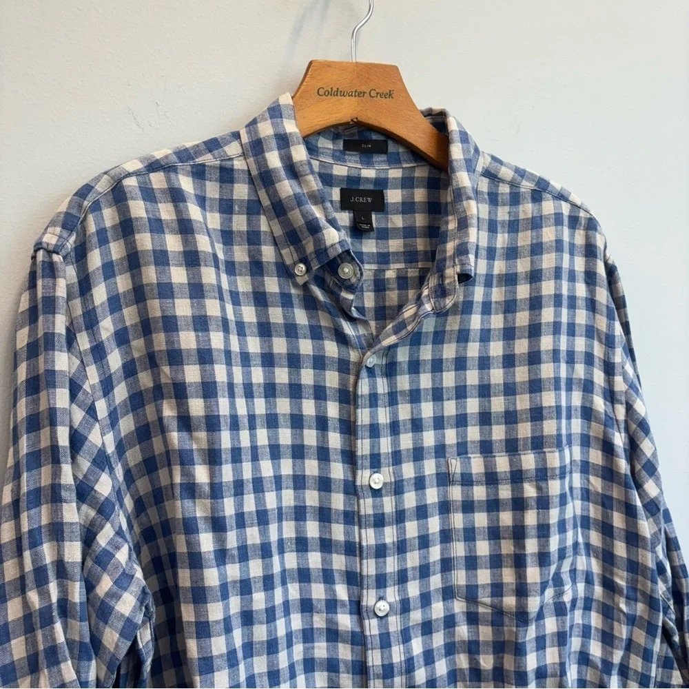 J. Crew Large Baird McNutt Linen Button Down Shirt Blue White check